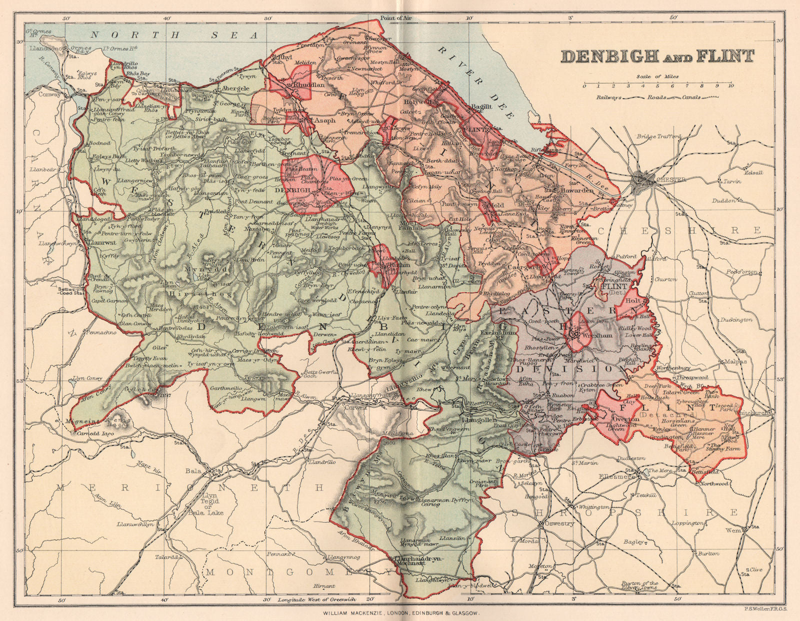 DENBIGHSHIRE AND FLINT. Antique county map. Wales 1893 old chart